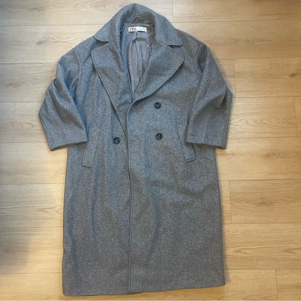 Zara Gray Lined Double-Breasted Maxi Coat